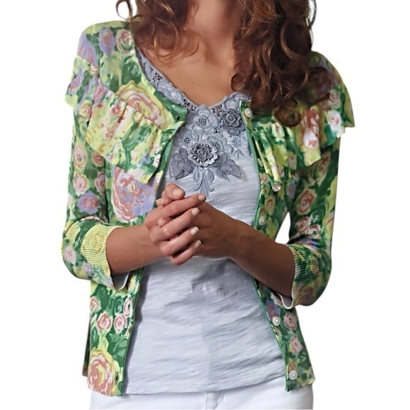 Anthropologie Yellow Bird Womenâs S Colored Pencil Yellow Green Floral Cardigan
